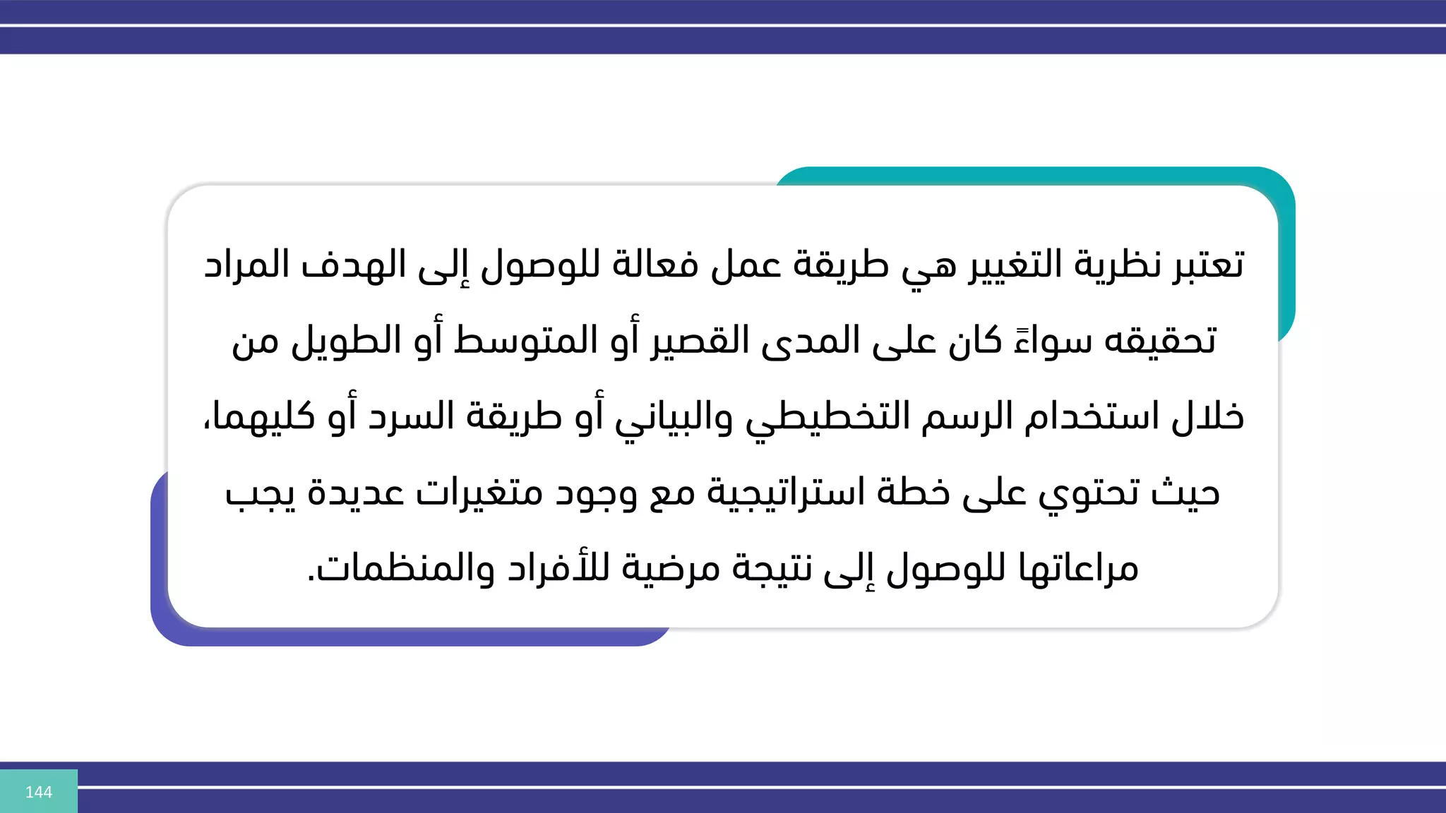 144
‫الهدف‬ ‫إلى‬ ‫للوصول‬ ‫فعالة‬ ‫عمل‬ ‫طريقة‬ ‫هي‬ ‫التغيير‬ ‫نكرية‬ ‫تعتبر‬
‫المراد‬
‫الطويل‬ ‫أو‬ ‫المتوسط‬ ‫أو‬ ‫القصير‬ ‫المدى‬ ‫على‬ ‫كان‬ ‫سواء‬ ‫تحقيقه‬
‫من‬
‫ك‬ ‫أو‬ ‫السرد‬ ‫طريقة‬ ‫أو‬ ‫والبياني‬ ‫التخطيطي‬ ‫الرسم‬ ‫استخدام‬ ‫خالل‬
،‫ليهما‬
‫يج‬ ‫عديدة‬ ‫متغيرات‬ ‫وهود‬ ‫مع‬ ‫استراتيجية‬ ‫خطة‬ ‫على‬ ‫تحتوي‬ ‫حيث‬
‫ب‬
‫والمنكمات‬ ‫لألفراد‬ ‫مرضية‬ ‫نتيجة‬ ‫إلى‬ ‫للوصول‬ ‫مراعاتها‬
.
 