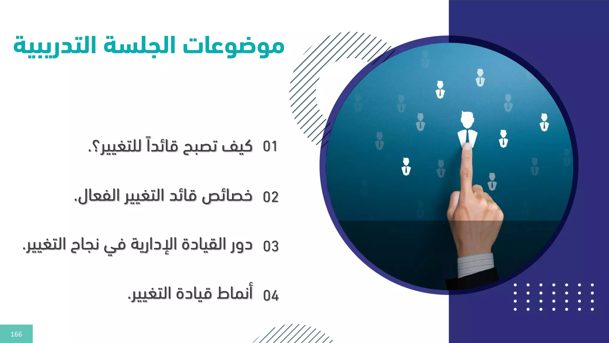 166
‫التدريب‬ ‫الجلسة‬ ‫موضوعات‬
‫ية‬
01
‫للتغيير؟‬ ‫قائدا‬ ‫تصبح‬ ‫كيف‬
.
02
‫الفعال‬ ‫التغيير‬ ‫قائد‬ ‫خصائص‬
.
03
‫التغ‬ ‫نجاح‬ ‫في‬ ‫اإلدارية‬ ‫القيادة‬ ‫دور‬
‫يير‬
.
04
‫التغيير‬ ‫قيادة‬ ‫أنماط‬
.
 