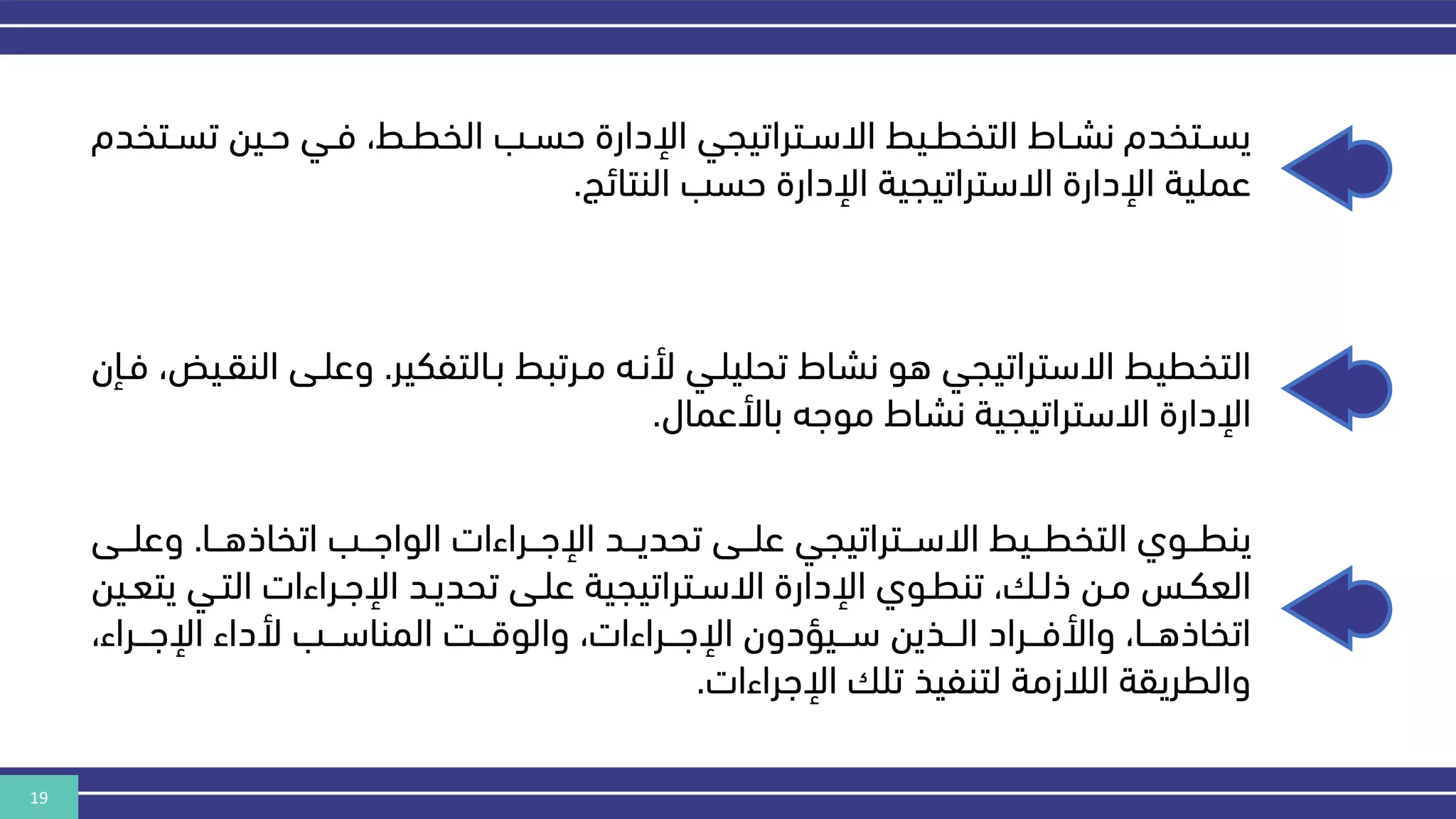 19
‫ن‬‫ن‬‫تس‬ ‫نين‬‫ن‬‫ح‬ ‫ني‬‫ن‬‫ف‬ ،‫نط‬‫ن‬‫الخط‬ ‫نب‬‫ن‬‫حس‬ ‫اإلدارة‬ ‫نتراتيجي‬‫ن‬‫االس‬ ‫نيط‬‫ن‬‫التخط‬ ‫ناط‬‫ن‬‫نش‬ ‫نتخدم‬‫ن‬‫يس‬
‫تخدم‬
‫النتائج‬ ‫حسب‬ ‫اإلدارة‬ ‫االستراتيجية‬ ‫اإلدارة‬ ‫عملية‬
.
‫بنالتفكير‬ ‫منرتبط‬ ‫ألننه‬ ‫تحليلني‬ ‫نشاط‬ ‫هو‬ ‫االستراتيجي‬ ‫التخطيط‬
.
‫وعلنى‬
‫فنان‬ ،‫النقنيض‬
‫باألعمال‬ ‫موهه‬ ‫نشاط‬ ‫االستراتيجية‬ ‫اإلدارة‬
.
‫ننا‬‫ن‬‫اتخاذه‬ ‫ننب‬‫ن‬‫الواه‬ ‫ننراءات‬‫ن‬‫اإله‬ ‫نند‬‫ن‬‫تحدي‬ ‫ننى‬‫ن‬‫عل‬ ‫ننتراتيجي‬‫ن‬‫االس‬ ‫ننيط‬‫ن‬‫التخط‬ ‫ننوي‬‫ن‬‫ينط‬
.
‫ننى‬‫ن‬‫وعل‬
‫ي‬ ‫ني‬‫ن‬‫الت‬ ‫نراءات‬‫ن‬‫اإله‬ ‫ند‬‫ن‬‫تحدي‬ ‫نى‬‫ن‬‫عل‬ ‫نتراتيجية‬‫ن‬‫االس‬ ‫اإلدارة‬ ‫نوي‬‫ن‬‫تنط‬ ، ‫ن‬‫ن‬‫ذل‬ ‫نن‬‫ن‬‫م‬ ‫نس‬‫ن‬‫العك‬
‫نين‬‫ن‬‫تع‬
،‫اإلهنننراء‬ ‫ألداء‬ ‫ننب‬‫ن‬‫المناس‬ ‫والوقنننر‬ ،‫ننراءات‬‫ن‬‫اإله‬ ‫سنننيؤدون‬ ‫ننذين‬‫ن‬‫ال‬ ‫واألفنننراد‬ ،‫ننا‬‫ن‬‫اتخاذه‬
‫اإلهراءات‬ ‫تل‬ ‫لتنفيذ‬ ‫الالزمة‬ ‫والطريقة‬
.
 