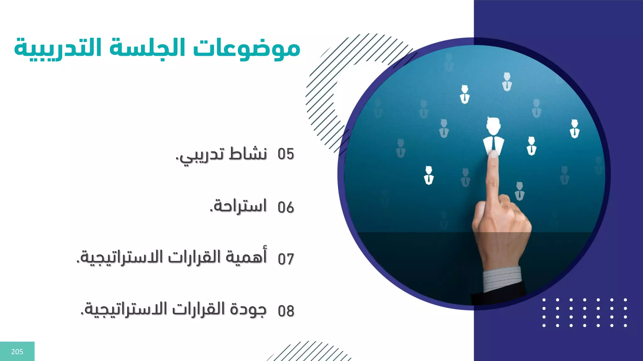 205
‫التدريب‬ ‫الجلسة‬ ‫موضوعات‬
‫ية‬
05
‫تدريبي‬ ‫نشاط‬
.
06
‫استراحة‬
.
07
‫االستراتيجية‬ ‫القرارات‬ ‫أهمية‬
.
08
‫االستراتيجية‬ ‫القرارات‬ ‫هودة‬
.
 