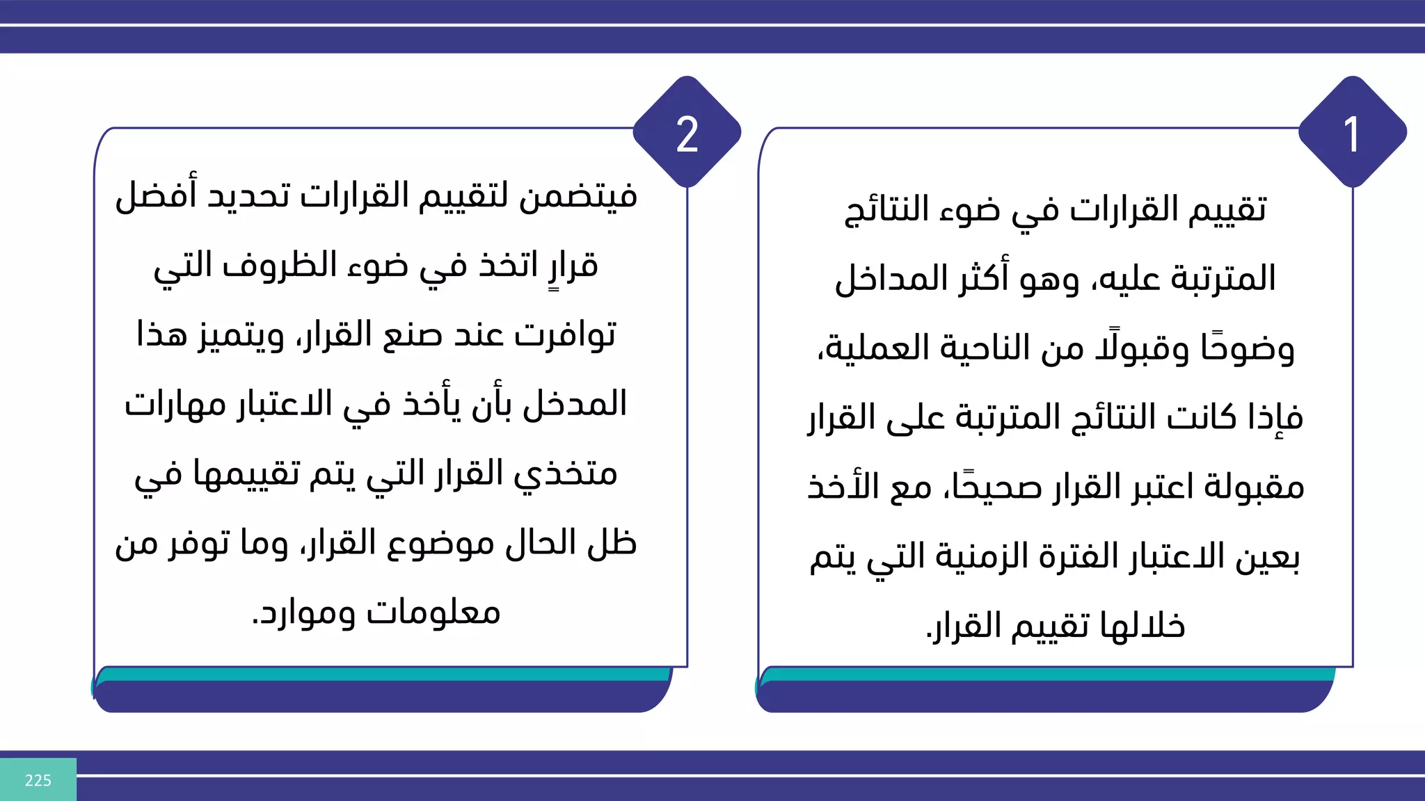 225
1
2
‫تحديد‬ ‫القرارات‬ ‫لتقييم‬ ‫فيتضمن‬
‫أفضل‬
‫التي‬ ‫الكروف‬ ‫ضوء‬ ‫في‬ ‫اتخذ‬ ٍ‫قرار‬
‫هذ‬ ‫ويتميز‬ ،‫القرار‬ ‫صنع‬ ‫عند‬ ‫توافرت‬
‫ا‬
‫مهارات‬ ‫االعتبار‬ ‫في‬ ‫يأخذ‬ ‫بأن‬ ‫المدخل‬
‫ف‬ ‫تقييمها‬ ‫يتم‬ ‫التي‬ ‫القرار‬ ‫متخذي‬
‫ي‬
‫من‬ ‫توفر‬ ‫وما‬ ،‫القرار‬ ‫موضوع‬ ‫الحال‬ ‫ظل‬
‫وموارد‬ ‫معلومات‬
.
‫النتائج‬ ‫ضوء‬ ‫في‬ ‫القرارات‬ ‫تقييم‬
‫المداخل‬ ‫أكثر‬ ‫وهو‬ ،‫عليه‬ ‫المترتبة‬
‫العم‬ ‫الناحية‬ ‫من‬ ‫وقبوال‬ ‫ا‬‫وضوح‬
،‫لية‬
‫على‬ ‫المترتبة‬ ‫النتائج‬ ‫كانر‬ ‫فاذا‬
‫القرار‬
‫مع‬ ،‫ا‬‫صحيح‬ ‫القرار‬ ‫اعتبر‬ ‫مقبولة‬
‫األخذ‬
‫الت‬ ‫الزمنية‬ ‫الفترة‬ ‫االعتبار‬ ‫بعين‬
‫يتم‬ ‫ي‬
‫القرار‬ ‫تقييم‬ ‫خاللها‬
.
 