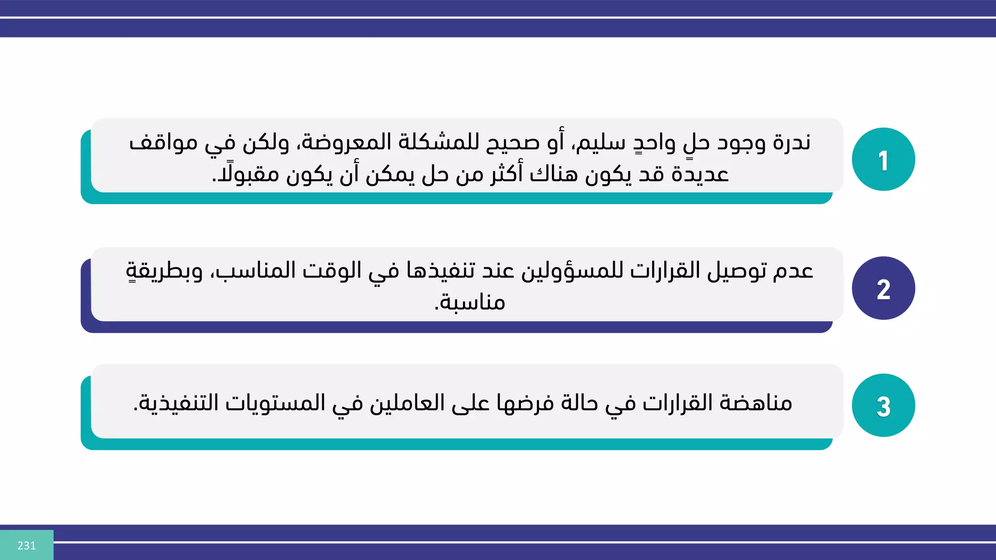 231
1
‫موا‬ ‫في‬ ‫ولكن‬ ،‫المعروضة‬ ‫للمشكلة‬ ‫صحيح‬ ‫أو‬ ،‫سليم‬ ٍ
‫واحد‬ ٍ
‫حل‬ ‫وهود‬ ‫ندرة‬
‫قف‬
‫مقبوال‬ ‫يكون‬ ‫أن‬ ‫يمكن‬ ‫حل‬ ‫من‬ ‫أكثر‬ ‫هناك‬ ‫يكون‬ ‫قد‬ ‫عديدة‬
.
2
‫و‬ ،‫المناسب‬ ‫الوقر‬ ‫في‬ ‫تنفيذها‬ ‫عند‬ ‫للمسؤولين‬ ‫القرارات‬ ‫توصيل‬ ‫عدم‬
ٍ
‫بطريقة‬
‫مناسبة‬
.
3
‫التنفيذ‬ ‫المستويات‬ ‫في‬ ‫العاملين‬ ‫على‬ ‫فرضها‬ ‫حالة‬ ‫في‬ ‫القرارات‬ ‫مناهضة‬
‫ية‬
.
 