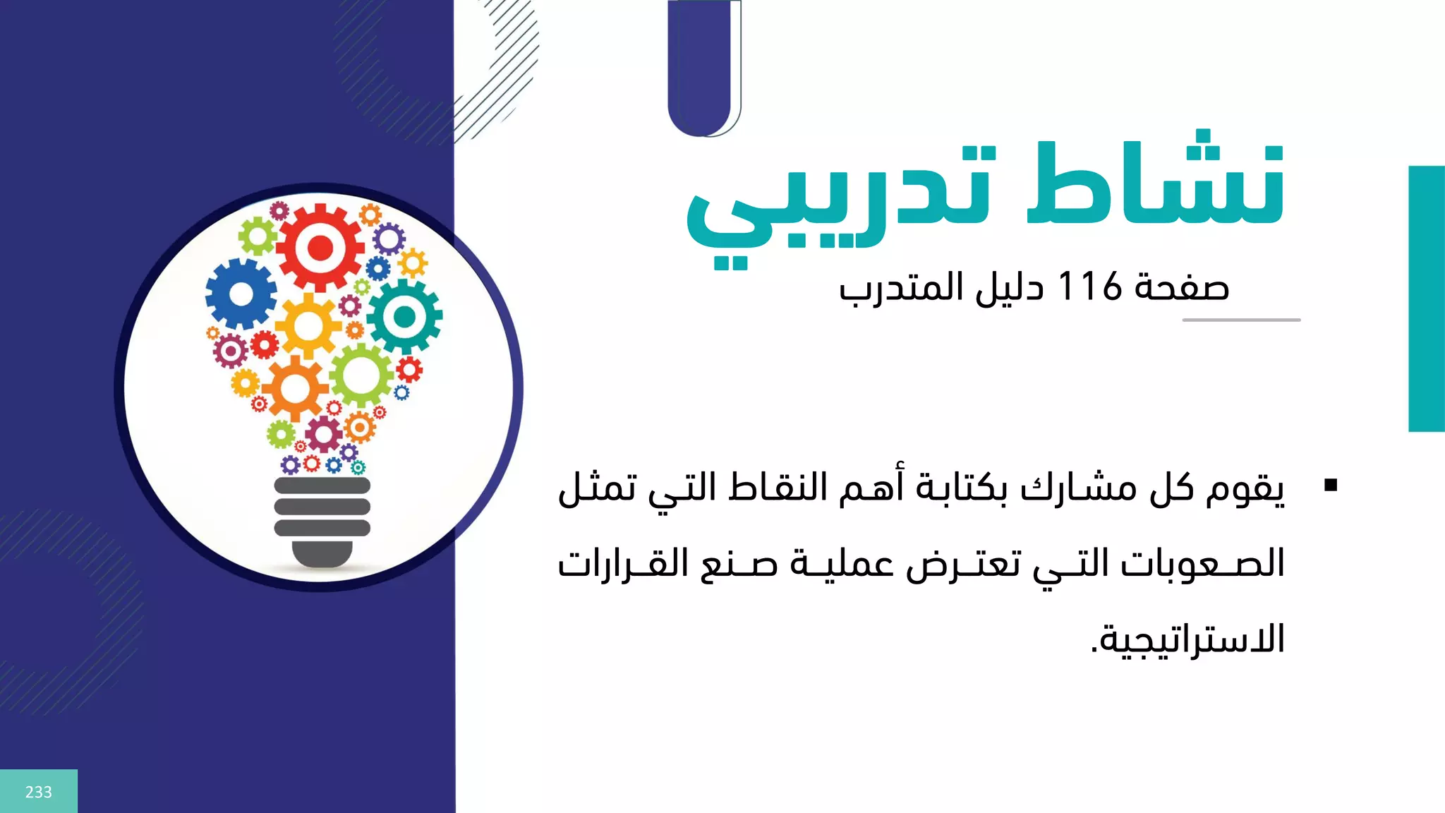 233
‫تدريب‬ ‫نشاط‬
‫ي‬
▪
‫ت‬ ‫التني‬ ‫النقناط‬ ‫أهنم‬ ‫بكتابنة‬ ‫مشنارك‬ ‫كل‬ ‫يقوم‬
‫مثنل‬
‫ننرارات‬‫ن‬‫الق‬ ‫نننع‬‫ن‬‫ص‬ ‫ننة‬‫ن‬‫عملي‬ ‫ننرض‬‫ن‬‫تعت‬ ‫نني‬‫ن‬‫الت‬ ‫ننعوبات‬‫ن‬‫الص‬
‫االستراتيجية‬
.
‫صفحة‬
116
‫دليل‬
‫المتدرب‬
 