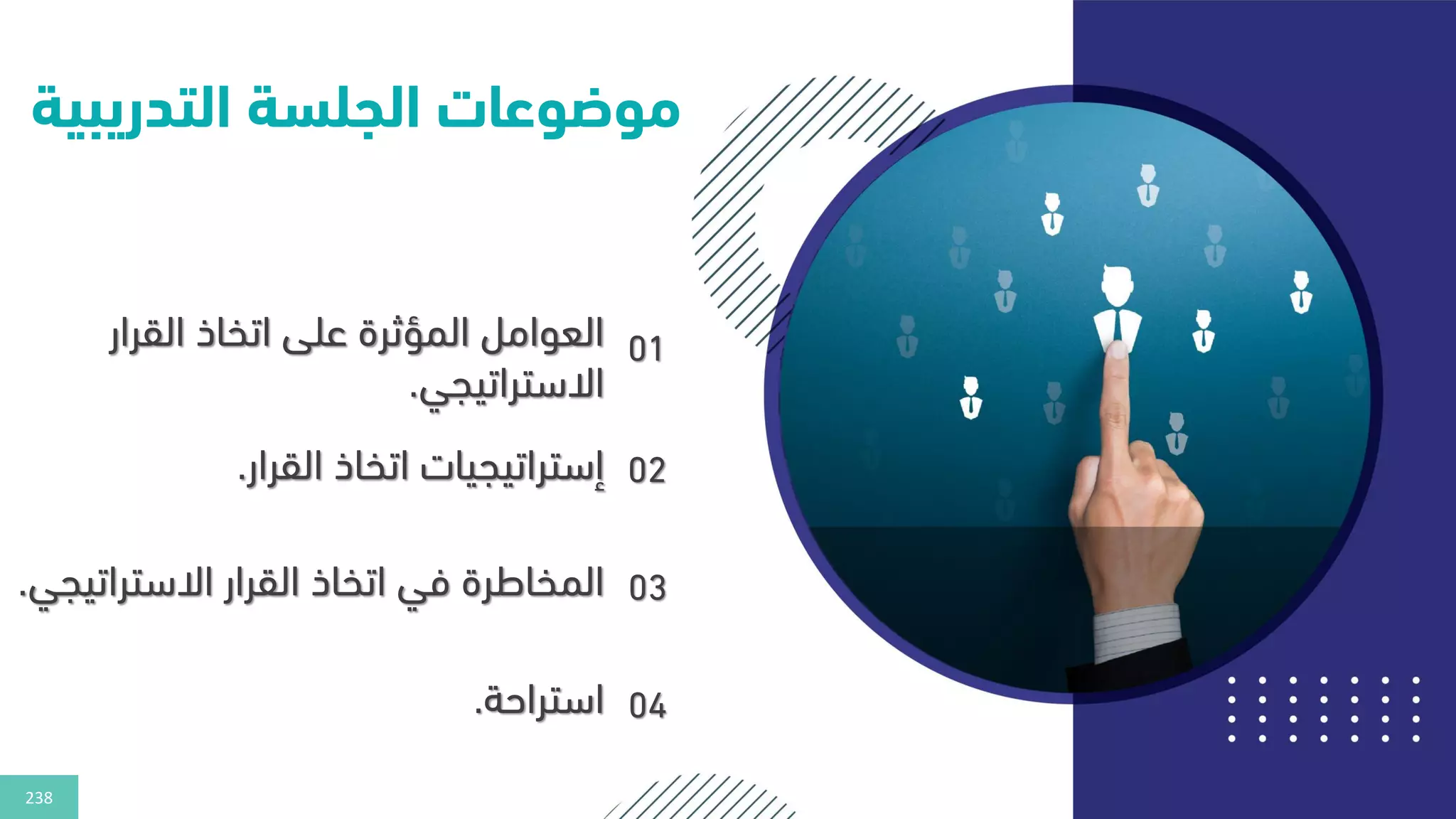 238
‫التدريب‬ ‫الجلسة‬ ‫موضوعات‬
‫ية‬
01
‫القرار‬ ‫اتخاذ‬ ‫على‬ ‫المؤثرة‬ ‫العوامل‬
‫االستراتيجي‬
.
02
‫القرار‬ ‫اتخاذ‬ ‫إستراتيجيات‬
.
03
‫االستراتي‬ ‫القرار‬ ‫اتخاذ‬ ‫في‬ ‫المخاطرة‬
‫جي‬
.
04
‫استراحة‬
.
 