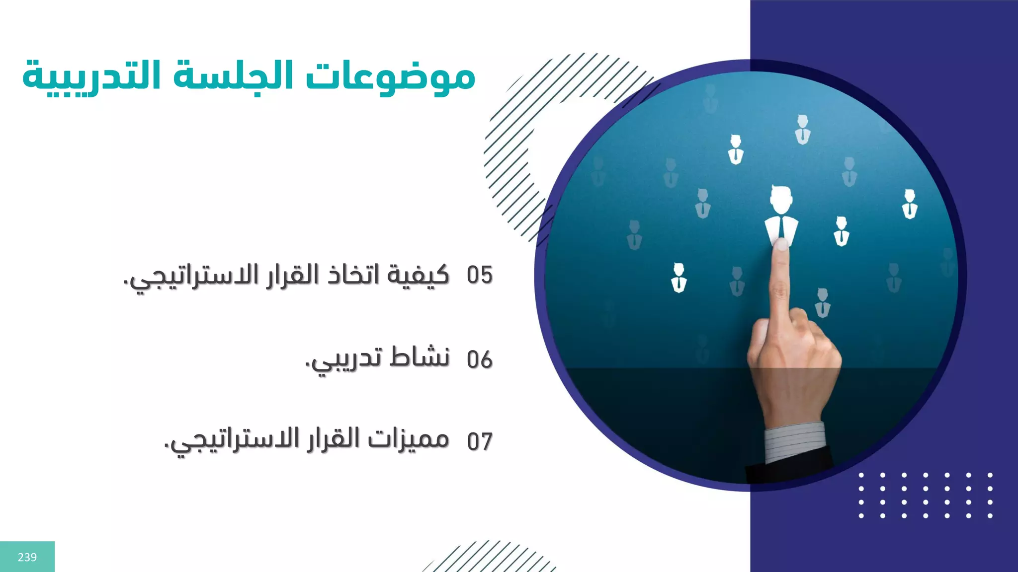239
‫التدريب‬ ‫الجلسة‬ ‫موضوعات‬
‫ية‬
05
‫االستراتيجي‬ ‫القرار‬ ‫اتخاذ‬ ‫كيفية‬
.
06
‫تدريبي‬ ‫نشاط‬
.
07
‫االستراتيجي‬ ‫القرار‬ ‫مميزات‬
.
 