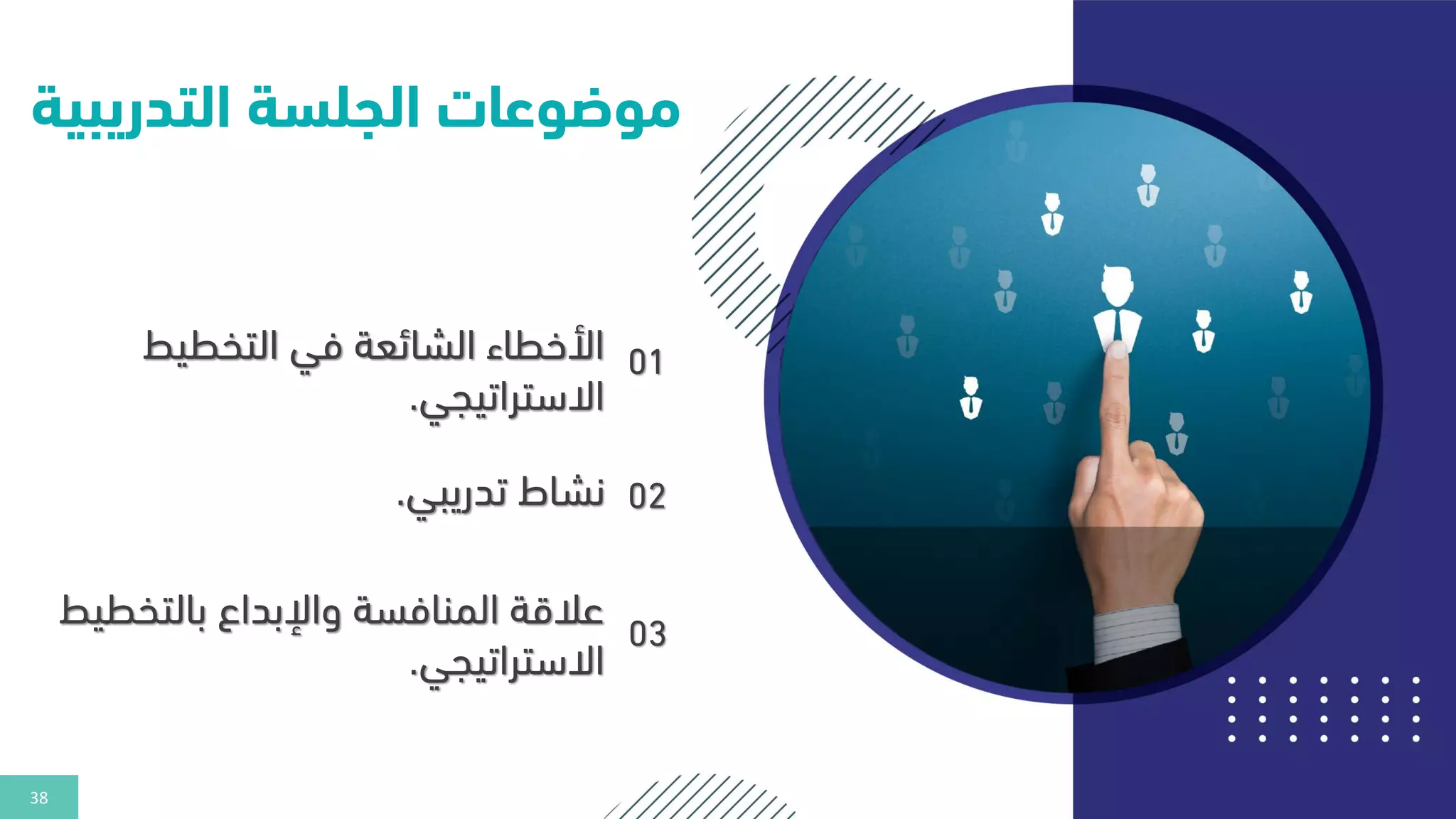 38
‫التدريب‬ ‫الجلسة‬ ‫موضوعات‬
‫ية‬
01
‫التخطيط‬ ‫في‬ ‫الشائعة‬ ‫األخطاء‬
‫االستراتيجي‬
.
02
‫تدريبي‬ ‫نشاط‬
.
03
‫بالتخط‬ ‫واإلبداع‬ ‫المنافسة‬ ‫عالقة‬
‫يط‬
‫االستراتيجي‬
.
 