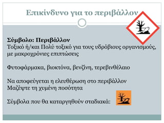 Επικίνδυνο για το περιβάλλον
Σύμβολο: Περιβάλλον
Τοξικό ή/και Πολύ τοξικό για τους υδρόβιους οργανισμούς,
με μακροχρόνιες επιπτώσεις
Φυτοφάρμακα, βιοκτόνα, βενζίνη, τερεβινθέλαιο
Να αποφεύγεται η ελευθέρωση στο περιβάλλον
Μαζέψτε τη χυμένη ποσότητα
Σύμβολα που θα καταργηθούν σταδιακά:
 