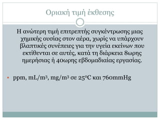 Οριακή τιμή έκθεσης
Η ανώτερη τιμή επιτρεπτής συγκέντρωσης μιας
χημικής ουσίας στον αέρα, χωρίς να υπάρχουν
βλαπτικές συνέπειες για την υγεία εκείνων που
εκτίθενται σε αυτές, κατά τη διάρκεια 8ωρης
ημερήσιας ή 40ωρης εβδομαδιαίας εργασίας.
 ppm, mL/m3, mg/m3 σε 250C και 760mmHg
 