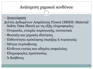 Ανάσχεση χημικού κινδύνου
 Αναγνώριση
Δελτία Δεδομένων Ασφάλειας Υλικού (MSDS: Material
Safety Data Sheet) με τις εξής πληροφορίες:
 Ονομασία, εταιρία παραγωγής, συστατικά
 Φυσικές και χημικές ιδιότητες
 Πιθανότητα πρόκλησης έκρηξης ή πυρκαγιάς
 Μέτρα πυρόσβεσης
 Κίνδυνοι υγείας και οδηγίες ασφαλείας
 Πληροφορίες προστασίας
 Ά Βοήθειες
 
