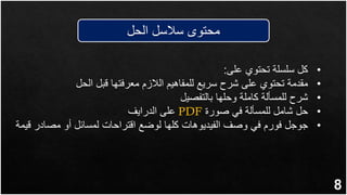 8
‫الحل‬ ‫سالسل‬ ‫محتوى‬
•
‫على‬ ‫تحتوي‬ ‫سلسلة‬ ‫كل‬
:
•
‫الحل‬ ‫قبل‬ ‫معرفتها‬ ‫الالزم‬ ‫للمفاهيم‬ ‫سريع‬ ‫شرح‬ ‫على‬ ‫تحتوي‬ ‫مقدمة‬
•
‫بالتفصيل‬ ‫وحلها‬ ‫كاملة‬ ‫للمسألة‬ ‫شرح‬
•
‫صورة‬ ‫في‬ ‫للمسألة‬ ‫شامل‬ ‫حل‬
PDF
‫الدرايف‬ ‫على‬
•
‫ق‬ ‫مصادر‬ ‫أو‬ ‫لمسائل‬ ‫اقتراحات‬ ‫لوضع‬ ‫كلها‬ ‫الفيديوهات‬ ‫وصف‬ ‫في‬ ‫فورم‬ ‫جوجل‬
‫يمة‬
 