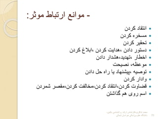 ‫شاکری‬ ‫محمد‬
-
‫بالینی‬ ‫روانشناسی‬ ‫ارشد‬ ‫کارشناس‬
-
‫شمالی‬ ‫خراسان‬ ‫پزشکی‬ ‫علوم‬ ‫دانشگاه‬ 71
-
‫موثر‬ ‫ارتباط‬ ‫موانع‬
:

‫کردن‬ ‫انتقاد‬

‫کردن‬ ‫مسخره‬

‫کردن‬ ‫تحقیر‬

‫کردن‬ ‫ابالغ‬، ‫کردن‬ ‫هدایت‬، ‫دادن‬ ‫دستور‬

‫دادن‬ ‫هشدار‬،‫تهدید‬، ‫اخطار‬

‫نصیحت‬ ،‫موعظه‬

‫دادن‬ ‫حل‬ ‫راه‬ ‫یا‬ ‫پیشنهاد‬، ‫توصیه‬

‫کردن‬ ‫وادار‬

‫شمردن‬ ‫مقصر‬،‫کردن‬ ‫مخالفت‬،‫کردن‬ ‫انتقاد‬،‫کردن‬ ‫قضاوت‬

‫گذاشتن‬ ‫هم‬ ‫روی‬ ‫اسم‬
 