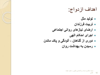 ‫ازدوات‬ ‫اهداف‬
:

‫مثل‬ ‫تولید‬

‫فربندان‬ ‫تربیت‬

‫اجتماعی‬ ‫روانی‬ ‫نیابهای‬ ‫ارضای‬

‫الهی‬ ‫احکام‬ ‫اجرای‬

‫ماندن‬ ‫پا‬ ‫و‬ ‫آلودگی‬ ، ‫گناهان‬ ‫اب‬ ‫دوری‬

‫روان‬ ‫بهداشت‬ ‫به‬ ‫رسیدن‬
‫هیات‬ ‫عضو‬ ‫و‬ ‫بالینی‬ ‫روانشناسی‬ ‫ارشد‬ ‫شاکری‬ ‫محمد‬
‫علمی‬ 92
 