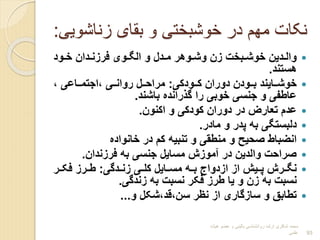 ‫زناشو‬ ‫بقای‬ ‫و‬ ‫خوشبختی‬ ‫در‬ ‫مهم‬ ‫نکات‬
‫یی‬
:

‫رود‬‫ر‬‫خ‬ ‫ردان‬‫ر‬‫فربن‬ ‫روی‬‫ر‬‫الی‬ ‫و‬ ‫ردل‬‫ر‬‫م‬ ‫روهر‬‫ر‬‫وش‬ ‫بن‬ ‫ربخت‬‫ر‬‫خوش‬ ‫ردین‬‫ر‬‫وال‬
‫هستند‬
.

‫ررودکی‬‫ر‬‫ک‬ ‫دوران‬ ‫ررودن‬‫ر‬‫ب‬ ‫ررایند‬‫ر‬‫خوش‬
:
، ‫رراعی‬‫ر‬‫اجتم‬، ‫رری‬‫ر‬‫روان‬ ‫ررل‬‫ر‬‫مراح‬
‫باشند‬ ‫راندا‬ ‫گ‬ ‫را‬ ‫خوبی‬ ‫جنسی‬ ‫و‬ ‫عاطفی‬
.

‫اکنون‬ ‫و‬ ‫کودکی‬ ‫دوران‬ ‫در‬ ‫تعار‬ ‫عدم‬
.

‫مادر‬ ‫و‬ ‫پدر‬ ‫به‬ ‫دلبستیی‬
.

‫خانوادا‬ ‫در‬ ‫کم‬ ‫تنبیه‬ ‫و‬ ‫منطقی‬ ‫و‬ ‫وحیح‬ ‫انضباط‬

‫فربندان‬ ‫به‬ ‫جنسی‬ ‫مسایل‬ ‫آموبش‬ ‫در‬ ‫والدین‬ ‫وراحت‬
.

‫ردگی‬‫ر‬‫بن‬ ‫ری‬‫ر‬‫کل‬ ‫مسررایل‬ ‫ره‬‫ر‬‫ب‬ ‫ابدواج‬ ‫اب‬ ‫پرریش‬ ‫نیرررش‬
:
‫فکررر‬ ‫ررب‬‫ر‬‫ط‬
‫بندگی‬ ‫به‬ ‫نسبت‬ ‫فکر‬ ‫طرب‬ ‫یا‬ ‫و‬ ‫بن‬ ‫به‬ ‫نسبت‬
.

‫و‬ ‫شکل‬،‫قد‬،‫سن‬ ‫نتر‬ ‫اب‬ ‫سابگاری‬ ‫و‬ ‫تطابق‬
...
‫هیات‬ ‫عضو‬ ‫و‬ ‫بالینی‬ ‫روانشناسی‬ ‫ارشد‬ ‫شاکری‬ ‫محمد‬
‫علمی‬ 93
 