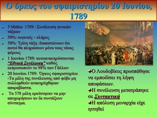 Ο όρκος του σφαιριστηρίου 20 Ιουνίου,
1789
5 Μαΐου 1789 : Συνέλευση γενικών
τάξεων
50%: ευγενείς – κλήρος
50%: Τρίτη τάξη :διαπιστώνουν ότι
αυτοί θα πληρώσουν μόνο τους νέους
φόρους
1 Ιουνίου 1789: αυτοανακηρύσσονται
“Εθνική Συνέλευση” καθώς
εκπροσωπούν το 98% των Γάλλων
20 Ιουνίου 1789: Όρκος σφαιριστηρίου
-Τα μέλη της συνέλευσης από φόβο μη
συλληφθούν ανακηρύχθηκαν
απαραβίαστα.
Τα 578 μέλη ορκίστηκαν να μην
αποχωρήσουν αν δε συντάξουν
σύνταγμα.
Ο Λουδοβίκος προσπάθησε
να εμποδίσει τη λήψη
αποφάσεων.
Η συνέλευση μετατράπηκε
σε Συντακτική
Η απόλυτη μοναρχία είχε
ηττηθεί
 
