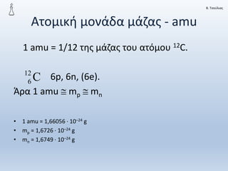Β. Τσούλιας
Ατομική μονάδα μάζας - amu
1 amu = 1/12 της μάζας του ατόμου 12C.
6p, 6n, (6e).
Άρα 1 amu  mp  mn
• 1 amu = 1,66056 ∙ 10–24 g
• mp = 1,6726 ∙ 10–24 g
• mn = 1,6749 ∙ 10–24 g
C
12
6
 