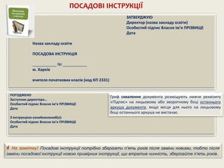 ПОГОДЖЕНО
Заступник директора…
Особистий підпис Власне ім’я ПРІЗВИЩЕ
Дата
З інструкцією ознайомлений(а):
Особистий підпис Власне ім’я ПРІЗВИЩЕ
Дата
Гриф схвалення документа розміщують нижче реквізиту
«Підпис» на лицьовому або зворотному боці останнього
аркуша документа, якщо місця для нього на лицьовому
боці останнього аркуша не вистачає.
ЗАТВЕРДЖУЮ
Директор (назва закладу освіти)
Особистий підпис Власне ім’я ПРІЗВИЩЕ
Дата
Назва закладу освіти
ПОСАДОВА ІНСТРУКЦІЯ
___________ № ___________
м. Харків
вчителя початкових класів (код КП 2331)
ПОСАДОВІ ІНСТРУКЦІЇ
 На замітку! Посадові інструкції потрібно зберігати п’ять років після заміни новими, тобто після
заміни посадової інструкції новою примірник інструкції, що втратив чинність, зберігайте п’ять років.
 
