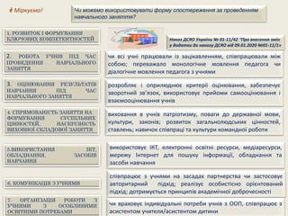 Наказ ДСЯО України № 01-11/42 “Про внесення змін
у додатки до наказу ДСЯО від 09.01.2020 №01-11/1»
Чи можемо використовувати форму спостереження за проведенням
навчального заняття?
1. РОЗВИТОК І ФОРМУВАННЯ
КЛЮЧОВИХ КОМПЕТЕНТНОСТЕЙ
2. РОБОТА УЧНІВ ПІД ЧАС
ПРОВЕДЕННЯ НАВЧАЛЬНОГО
ЗАНЯТТЯ
чи всі учні працювали із зацікавленням, співпрацювали між
собою; переважало монологічне мовлення педагога чи
діалогічне мовлення педагога з учнями
4. СПРЯМОВАНІСТЬ ЗАНЯТТЯ НА
ФОРМУВАННЯ СУСПІЛЬНИХ
ЦІННОСТЕЙ, НАСКРІЗНІСТЬ
ВИХОВНОЇ СКЛАДОВОЇ ЗАНЯТТЯ
виховання в учнів патріотизму, поваги до державної мови,
культури, законів; розвиток загальнолюдських цінностей,
ставлень; навичок співпраці та культури командної роботи
5.ВИКОРИСТАННЯ ІКТ,
ОБЛАДНАННЯ, ЗАСОБІВ
НАВЧАННЯ
використовує ІКТ, електронні освітні ресурси, медіаресурси,
мережу Інтернет для пошуку інформації, обладнання та
засоби навчання
6. КОМУНІКАЦІЯ З УЧНЯМИ
співпрацює з учнями на засадах партнерства чи застосовує
авторитарний підхід; реалізує особистісно орієнтований
підхід; дотримується принципів академічної доброчесності
3. ОЦІНЮВАННЯ РЕЗУЛЬТАТІВ
НАВЧАННЯ ПІД ЧАС
НАВЧАЛЬНОГО ЗАНЯТТЯ
7. ОРГАНІЗАЦІЯ РОБОТИ З
УЧНЯМИ З ОСОБЛИВИМИ
ОСВІТНІМИ ПОТРЕБАМИ
розробляє і оприлюднює критерії оцінювання, забезпечує
зворотний зв’язок, використовує прийоми самооцінювання і
взаємооцінювання учнів
чи враховує індивідуальні потреби учнів з ООП, співпрацює з
асистентом учителя/асистентом дитини
 Міркуємо!
 