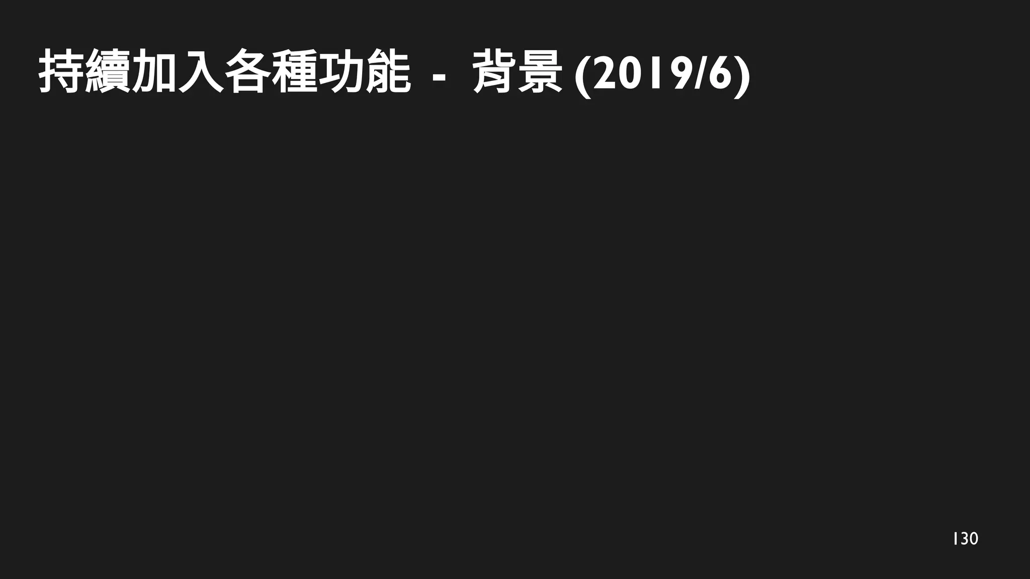 130
持續加入各種功能 - 背景 (2019/6)
 
