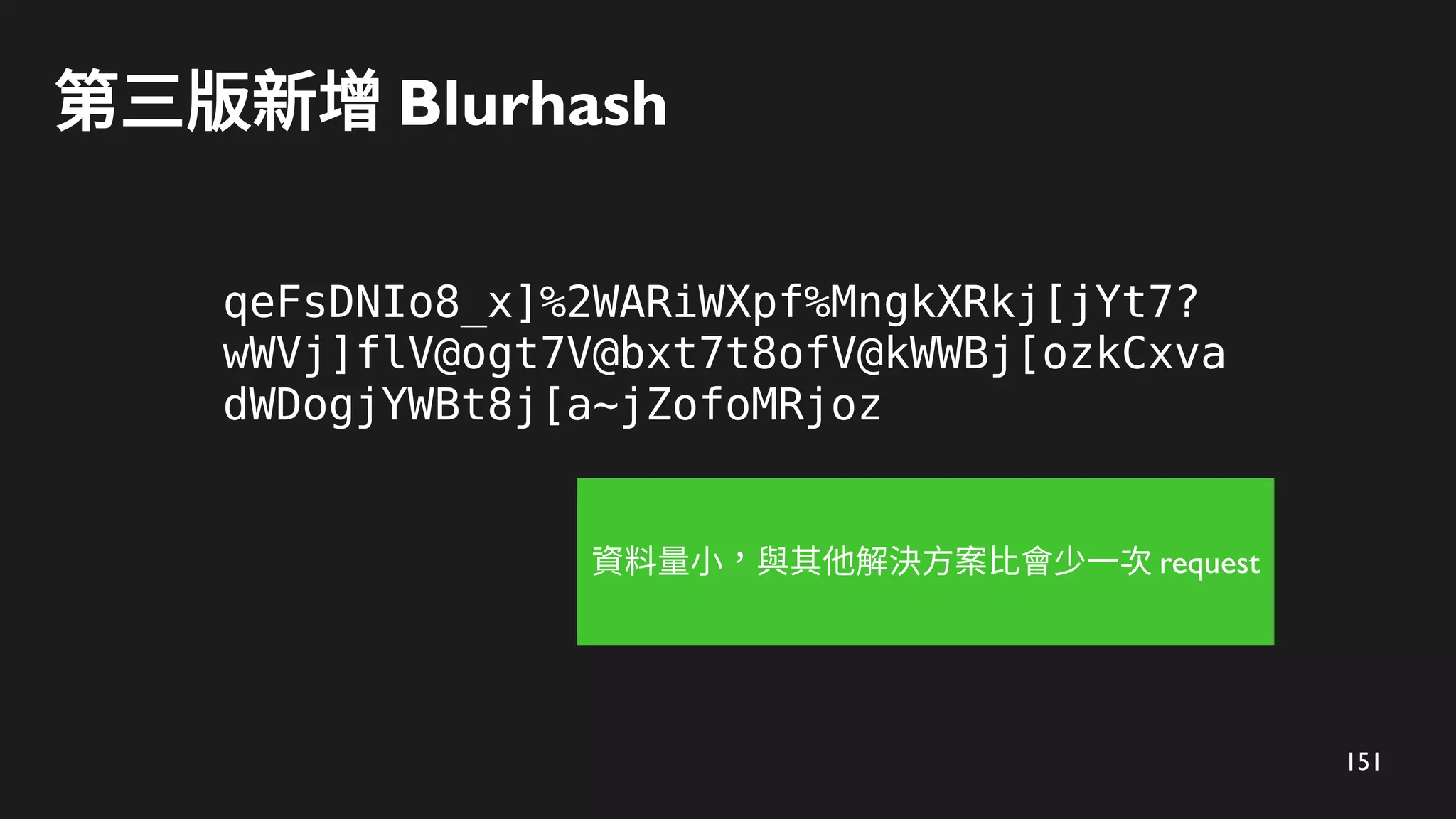 151
第三版新增 Blurhash
qeFsDNIo8_x]%2WARiWXpf%MngkXRkj[jYt7?
wWVj]flV@ogt7V@bxt7t8ofV@kWWBj[ozkCxva
dWDogjYWBt8j[a~jZofoMRjoz
資料量小，與其他解決方案比會少一次 request
 