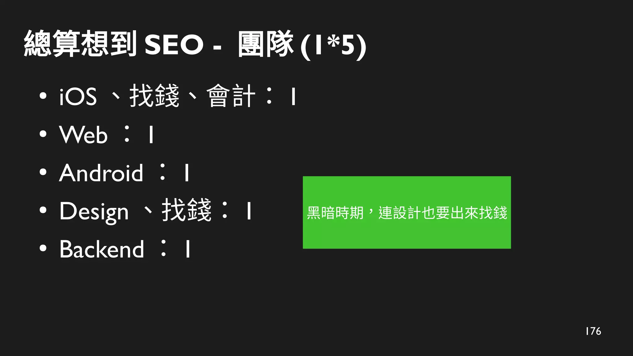 176
總算想到 SEO - 團隊 (1*5)
●
iOS 、找錢、會計： 1
●
Web ： 1
●
Android ： 1
●
Design 、找錢： 1
●
Backend ： 1
黑暗時期，連設計也要出來找錢
 