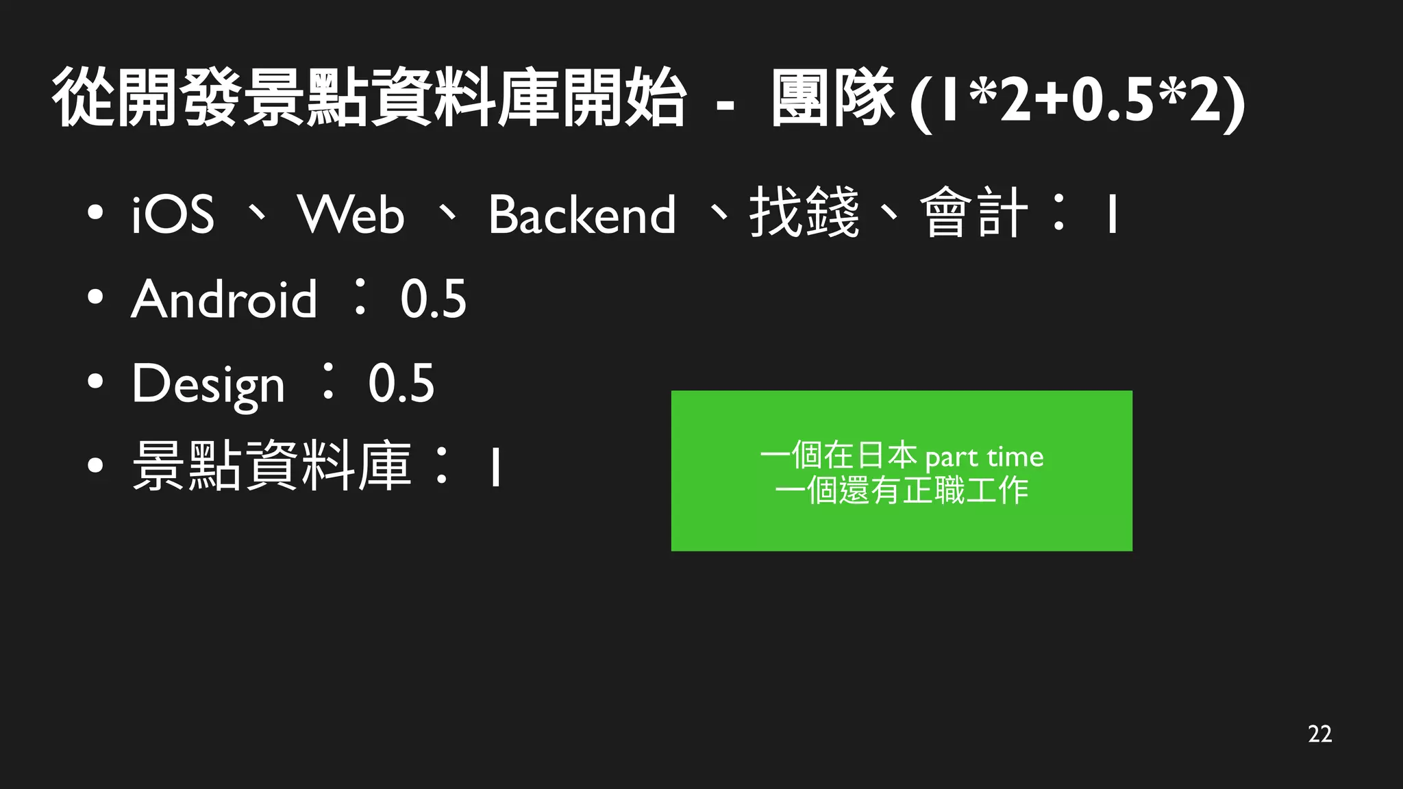 22
從開發景點資料庫開始 - 團隊 (1*2+0.5*2)
●
iOS 、 Web 、 Backend 、找錢、會計： 1
●
Android ： 0.5
●
Design ： 0.5
●
景點資料庫： 1 一個在日本 part time
一個還有正職工作
 