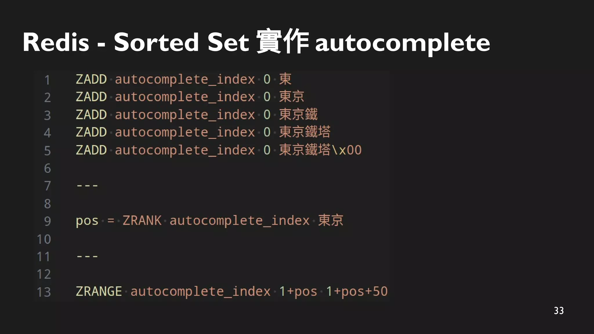 33
Redis - Sorted Set 實作 autocomplete
 