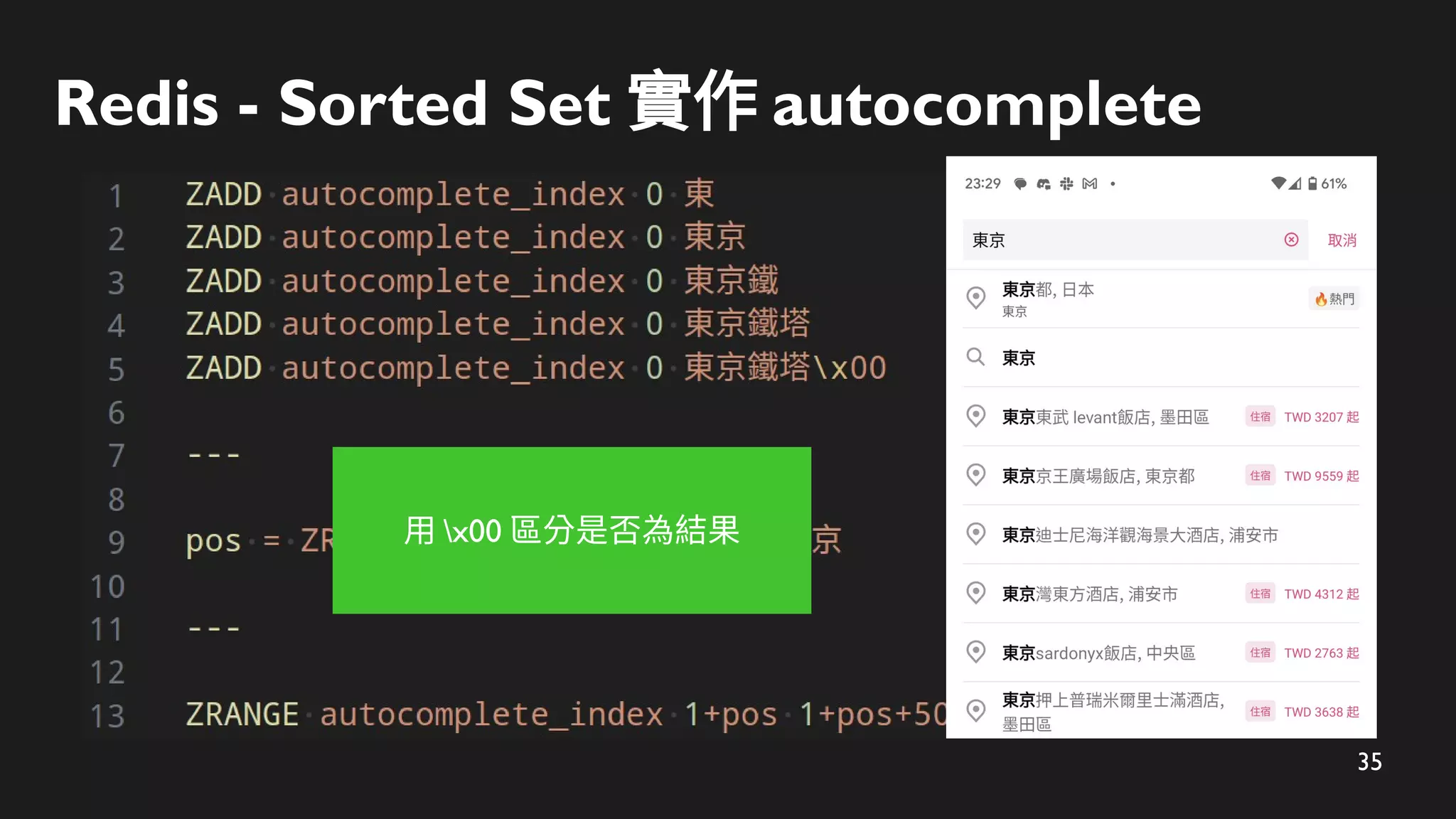 35
Redis - Sorted Set 實作 autocomplete
用 x00 區分是否為結果
 
