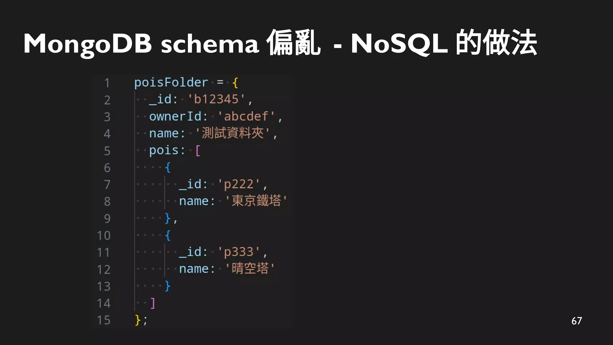 67
MongoDB schema 偏亂 - NoSQL 的做法
 