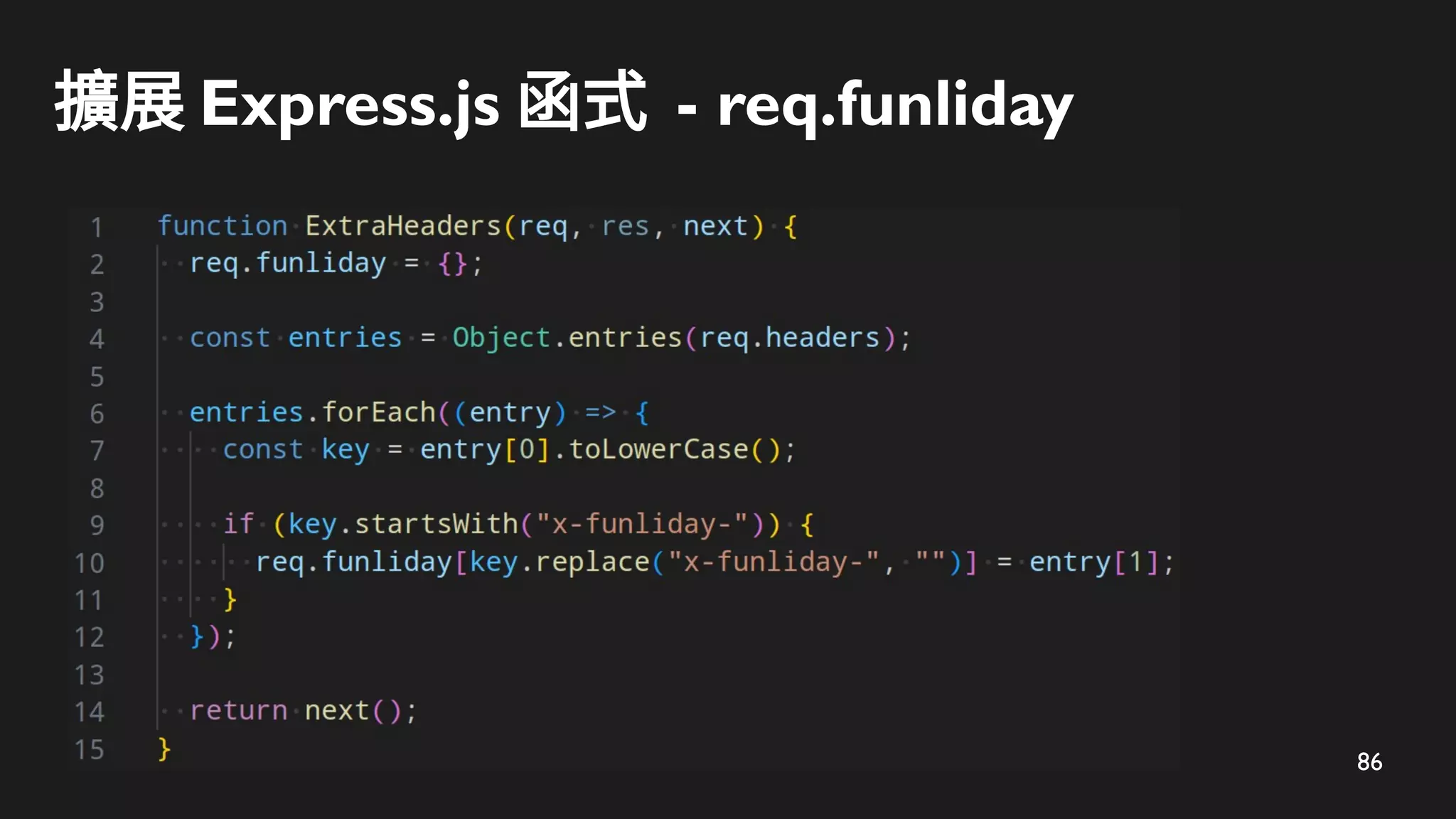 86
擴展 Express.js 函式 - req.funliday
 