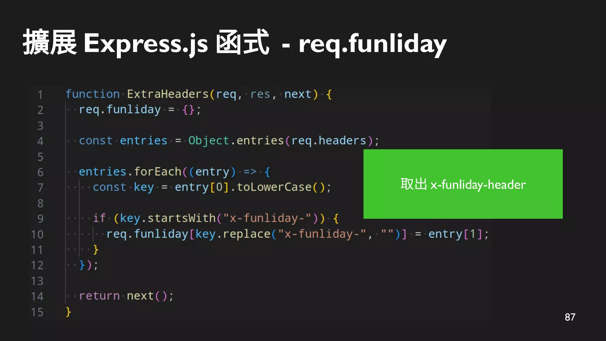 87
擴展 Express.js 函式 - req.funliday
取出 x-funliday-header
 