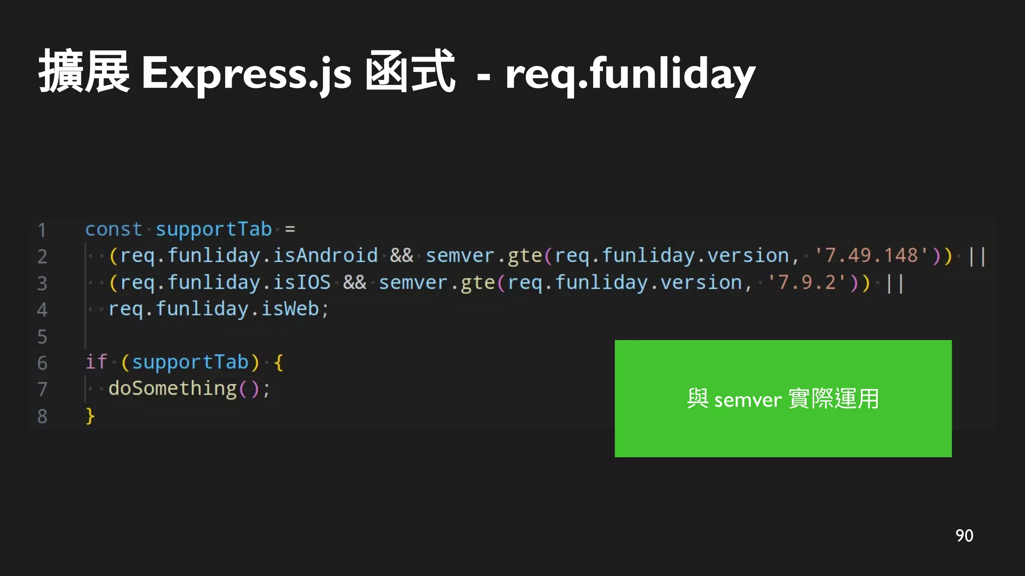 90
擴展 Express.js 函式 - req.funliday
與 semver 實際運用
 