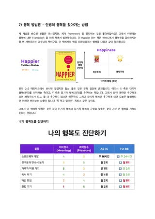 7) 행복 방법론 – 인생의 행복을 찾아가는 방법
제 채널을 봐오신 분들은 아시겠지만, 제가 Framework 을 정리하는 것을 좋아하잖아요? 그래서 이번에는
행복에 대한 Framework 을 아래 책에서 빌려봤습니다. 이 Happier 라는 책은 하버드에서 행복학을 강의하시는
탈 벤 샤하르라는 교수님의 책이구요, 이 책에서의 핵심 프레임워크는 행복을 다음과 같이 정리합니다.
위의 2x2 매트릭스에서 보시면 알겠지만 항상 좋은 것은 우측 상단에 존재합니다. 여기서 X 축은 단기적
행복(쾌락)을 의미하는 축이고, Y 축은 장기적 행복(의미)를 추구하는 축입니다. 그래서 만약 쾌락만 추구하게
되면 쾌락주의가 되고, 둘 다 추구하지 않으면 허무주의, 그리고 장기적 행복만 추구하게 되면 오늘은 불행하되
먼 미래만 바라보는 상황이 됩니다. ‘꼭 먹고 말거야’, 치토스 같은 것이죠.
그래서 이 책에서 말하는 것은 결국 단기적 행복과 장기적 행복의 균형을 맞추는 것이 가장 큰 행복을 가져다
준다는 것입니다.
나의 행복도를 진단하기
 