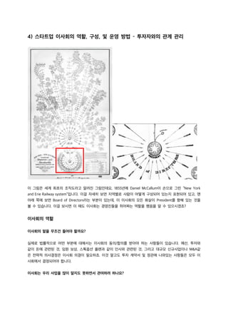 4) 스타트업 이사회의 역할, 구성, 및 운영 방법 – 투자자와의 관계 관리
이 그림은 세계 최초의 조직도라고 알려진 그림인데요, 1855년에 Daniel McCallum이 손으로 그린 “New York
and Erie Railway system”입니다. 이걸 자세히 보면 지역별로 사람이 어떻게 구성되어 있는지 표현되어 있고, 맨
아래 쪽에 보면 Board of Directors라는 부분이 있는데, 이 이사회의 모든 화살이 President를 향해 있는 것을
볼 수 있습니다. 이걸 보시면 이 때도 이사회는 경영진들을 쥐어짜는 역할을 했음을 알 수 있으시겠죠?
이사회의 역할
이사회의 말을 무조건 들어야 할까요?
실제로 법률적으로 어떤 부분에 대해서는 이사회의 동의/합의를 받아야 하는 사항들이 있습니다. 예산, 투자와
같이 돈에 관련된 것, 임원 보상, 스톡옵션 플랜과 같이 인사와 관련된 것, 그리고 대규모 신규사업이나 M&A같
은 전략적 의사결정은 이사회 의결이 필요하죠. 이것 말고도 투자 계약서 및 정관에 나와있는 사항들은 모두 이
사회에서 결정되어야 합니다.
이사회는 우리 사업을 많이 알지도 못하면서 관여하려 하나요?
 