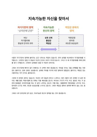 사람이 자기기만의 영역에 들어가는 순간 나타나는 특징이 있습니다. 먼저 상대를 비난하면서 자기합리화를 시
작합니다. 그러면서 점점 더 현실과 자신의 인식의 괴리가 커지게 됩니다. 그리고 이 때 자기합리화를 위해 문제
를 찾기 시작합니다. 그러면서 상대방은 점점 더 악당이 되어가죠.
그래서 자기기만에 빠지지 않기 위해서는 이 선택이 매우 중요합니다. 약속을 지키는 것을 선택했을 때는 자존
감도 올라가고, 상호 신뢰도 상승합니다. 실제로 약속을 지키게 되면 일에서의 몰입감도 올라가고, 책임감 있는
사람이라는 자기 인식도 올라갑니다.
그런데 이 반대의 경우도 있습니다. 자신만 너무 열심히 한다고 느껴지고, 다른 사람이 모두 문제인 것 같은 때
이죠. 예를 들면, 학창시절에 팀 과제는 다들 해보셨을 겁니다. 하다보니 자기가 PT도 하고, 발표도 하는 거 같
은데 동료들은 프리라이딩을 하는 것 같이 느껴지는 겁니다. 이럴 때는 그룹원에게 억한감정을 느끼기도 하고,
번아웃이 오기도 하며, 과도한 보상심리를 느끼기도 합니다. 그래서 책임감 중독의 영역에 빠지지 않는 것도 중
요합니다.
그래서 너무 양극단에 있지 않고, 지속가능한 헌신의 영역을 찾는 것이 중요합니다.
 