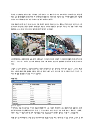 이처럼 이곳에서는 실리콘 밸리 기업들에 대한 정서가 그리 좋지 않습니다. 부자 회사가 가까이있으면 지역 경
제도 살고 좋지 않을까 생각되지만, 꼭 그렇지만은 않습니다. 이런 거대 기업이 특정 지역에 밀집된 경우 기업에
속하지 않은 사람들의 삶의 질은 상대적으로 많이 떨어지게 됩니다.
가장 중요한 요인은 높은 임대료입니다. 지금 실리콘 밸리와 샌프란시스코는 홈리스 문제가 매우 심각합니다. 이
는 이곳에 유입되는 자금과 인력이 워낙 많아 부동산 가격이 미친듯이 높아졌기 때문입니다. 원룸 가격이 매달
$2000~4000 정도 된다고 하니 얼마나 비싼지 실감이 되시나요?
실리콘밸리에는 그곳에 원래 살고 있던 사람들보다 대기업에 취직한 수많은 아시아인의 비율이 더 높아지고 있
습니다. 그러다보니 자연히 대기업에 속해있지 않아 지불 능력이 떨어지는 사람들은 길 밖으로 쫓겨나게 된 겁
니다.
그렇게 노숙자가 많아지고, 자연히 길거리는 치안이 위험해지고 동네 분위기는 매우 좋지 않습니다. 그리고 최근
에는 어차피 재택근무를 해야할 상황이 되었는데 굳이 그렇게 비싼 임대료를 감당할 이유가 없어진 것이죠. 그
래서 꽤 많은 싱글들이 이곳을 떠나고 있습니다.
세금 이슈
캘리포니아 세금 제도
두번째로는 세금 이슈인데요, 미국의 세금은 연방정부에 내는 세금에 주정부에 내는 세금이 따로 있습니다. 그런
데 캘리포니아는 주 세율(고소득자의 경우 13.3% 추가됨)이 매우 셉니다. 이에 비해 텍사스, 플로리다, 시애틀,
네바다 주는 주 세금이 0%라 고액 자산가들은 이런 세금을 줄이기 위해서 캘리포니아를 떠나고 있습니다.
예를 들어 연 100억원의 소득을 올린다면 13억이란 거금을 이사만 해도 세이브할 수 있는 것이죠. 금리가 연 3%
 