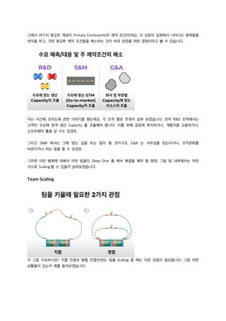 그래서 여기서 중요한 개념이 Primary Constraints(주 제약 조건)인데요, 이 성장의 길목에서 나타나는 병목들을
파악을 하고, 가장 중요한 제약 조건들을 해소하는 것이 바로 성장을 위한 경영이라고 볼 수 있습니다.
지난 시간에 조직도에 관한 이야기를 했는데요, 각 조직 별로 쪼개서 살펴 보겠습니다. 먼저 R&D 조직에서는
고객의 수요에 맞게 생산 Capacity 를 조율해야 합니다. 이를 위해 공장에 투자하거나, 개발자를 고용하거나,
소프트웨어 툴을 살 수도 있겠죠.
그리고 S&M 에서는 그에 맞는 길을 트는 일이 될 것이구요, G&A 는 사무실을 얻는다거나, 조직문화를
바꾼다거나 하는 일을 할 수 있겠죠.
그러면 이런 병목에 대해서 어떤 팀들이 Deep Dive 를 해서 해결을 해야 할 텐데, 그럼 팀 내부에서는 어떤
식으로 Scaling 할 수 있을지 살펴보겠습니다.
Team Scaling
이 그림 익숙하시죠? 직렬 연결과 병렬 연결인데요, 팀을 Scaling 할 때도 이런 관점이 필요합니다. 그럼 어떤
상황들이 있는지 예를 들어보겠습니다.
 