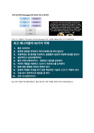 그리고 또 구글에서 “10 Qualities of Great Managers”라는 논문을 내놓았는데요, 한 번 읽어보시죠.
이상 언제, 어떻게 매니저를 영업하고, 좋은 매니저는 어떤 덕목을 갖춰야 하는지 알아보았습니다.
 