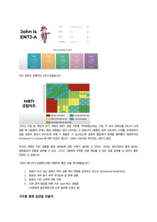 저는 굉장히 전형적인 ENTJ 유형입니다.
그리고 이걸 좀 재밌게 보기 위해서 MBTI 궁합 차트를 가져와봤는데요, 사실 이 표의 정확도를 떠나서 이게
일할 때 사람들의 관계나 협업 성향들도 많이 나타내는 것 같습니다. J형들은 업무 프로세서, 스케쥴, 프레임워크
등을 굉장히 중요시 여기는데 반해, P 형들은 그 순간순간에 굉장히 몰입해서 문제를 빨리빨리 해결하지만
framework 나 process 에 대한 반감이 큽니다. 그래서 서로서로 투닥되는 경우가 많죠.
하지만 어쨌든 이런 궁합을 통해 상대방에 대한 이해가 넓어질 수 있다는 것이죠. 매니저로서 함께 일하는
팀원들과의 궁합을 살펴볼 수 있고, 그리고 그들에게 부족한 것을 채워줄 수 있는 것을 살펴볼 수 있어서 좋은
관점인 것 같습니다.
그래서 매니저가 팀원에 대해 이해하면 좋은 것을 정리해봤습니다.
1. 팀원이 하고 있는 일에서 어떤 상황 대비 역량을 보유하고 있는지 (situational leadership)
2. 팀원의 내적 동기 부여 우선순위 및 현재 상황
3. 팀원의 기반 성격에 대한 이해
4. 신뢰 관계 형성을 위해 서로 open 하는 내용들
(서로에게 솔직해질수록 신뢰 형성에 도움이 됨)
구조를 통해 습관을 만들자.
 