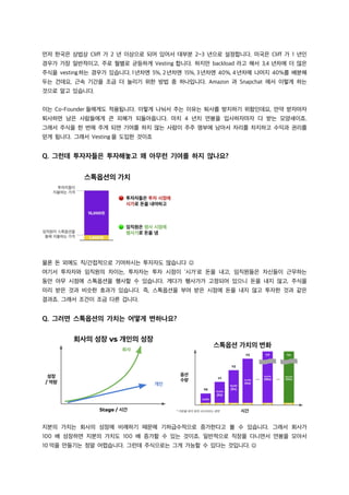 먼저 한국은 상법상 Cliff 가 2 년 이상으로 되어 있어서 대부분 2~3 년으로 설정합니다. 미국은 Cliff 가 1 년인
경우가 가장 일반적이고, 주로 월별로 균등하게 Vesting 합니다. 하지만 backload 라고 해서 3,4 년차에 더 많은
주식을 vesting하는 경우가 있습니다. 1년차엔 5%, 2년차엔 15%, 3년차엔 40%, 4년차에 나머지 40%를 배분해
두는 건데요, 근속 기간을 조금 더 늘리기 위한 방법 중 하나입니다. Amazon 과 Snapchat 에서 이렇게 하는
것으로 알고 있습니다.
이는 Co-Founder 들에게도 적용됩니다. 이렇게 나눠서 주는 이유는 퇴사를 방지하기 위함인데요, 만약 받자마자
퇴사하면 남은 사람들에게 큰 피해가 되돌아옵니다. 마치 4 년치 연봉을 입사하자마자 다 받는 모양새이죠.
그래서 주식을 한 번에 주게 되면 기여를 하지 않는 사람이 주주 명부에 남아서 자리를 차지하고 수익과 권리를
얻게 됩니다. 그래서 Vesting 을 도입한 것이죠
Q. 그런데 투자자들은 투자해놓고 왜 아무런 기여를 하지 않나요?
물론 돈 외에도 직/간접적으로 기여하시는 투자자도 많습니다 J
여기서 투자자와 임직원의 차이는, 투자자는 투자 시점이 ‘시가’로 돈을 내고, 임직원들은 자신들이 근무하는
동안 아무 시점에 스톡옵션을 행사할 수 있습니다. 게다가 행사가가 고정되어 있으니 돈을 내지 않고, 주식을
미리 받은 것과 비슷한 효과가 있습니다. 즉, 스톡옵션을 부여 받은 시점에 돈을 내지 않고 투자한 것과 같은
결과죠. 그래서 조건이 조금 다른 겁니다.
Q. 그러면 스톡옵션의 가치는 어떻게 변하나요?
지분의 가치는 회사의 성장에 비례하기 때문에 기하급수적으로 증가한다고 볼 수 있습니다. 그래서 회사가
100 배 성장하면 지분의 가치도 100 배 증가할 수 있는 것이죠. 일반적으로 직장을 다니면서 연봉을 모아서
10 억을 만들기는 정말 어렵습니다. 그런데 주식으로는 그게 가능할 수 있다는 것입니다. J
 