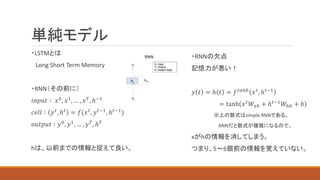 単純モデル
・LSTMとは
Long Short Term Memory
・RNN（その前に）
𝑖𝑛𝑝𝑢𝑡 ∶ 𝑥0
, 𝑥1
, … , 𝑥𝑇
, ℎ−1
𝑐𝑒𝑙𝑙 ∶ 𝑦𝑡, ℎ𝑡 = 𝑓(𝑥𝑡, 𝑦𝑡−1, ℎ𝑡−1)
𝑜𝑢𝑡𝑝𝑢𝑡 ∶ 𝑦0, 𝑦1, … , 𝑦𝑇, ℎ𝑇
hは、以前までの情報と捉えて良い。
・RNNの欠点
記憶力が悪い！
𝑦 𝑡 = ℎ 𝑡 = 𝑓𝑡𝑎𝑛ℎ
𝑥𝑡
, ℎ𝑡−1
= tanh 𝑥𝑡𝑊𝑥ℎ + ℎ𝑡−1𝑊ℎℎ + 𝑏
※上の数式はsimple RNNである。
RNNだと数式が複雑になるので。
xがhの情報を消してしまう。
つまり、5～6個前の情報を覚えていない。
 