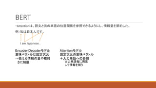 BERT
・Attentionは、訳文と元の単語の位置関係を参照できるようにし、情報量を節約した。
例：私は日本人です。
I am Japanese .
Encoder-Decoderモデル
意味ベクトルは固定次元
→扱える情報の量や複雑
さに制限
Attentionモデル
固定次元の意味ベクトル
＋入力単語への参照
出力単語毎に用意
して情報を補う
 