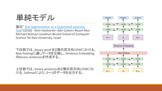 単純モデル
論文” Text Segmentation as a Supervised Learning
Task”(2018) - Omri Koshorek∗ Adir Cohen∗ Noam Mor
Michael Rotman Jonathan Berant School of Computer
Science Tel-Aviv University, Israel-
下位部では、binary word を２層の双方向LSTMにかける。
Max Poolingに通しデータを圧縮し、Sentence Embedding
のbinary sentencesを作成する。
上位部では、binary sentencesを２層の双方向LSTMにか
ける。Softmaxにより、0～1のデータを出力する。
 