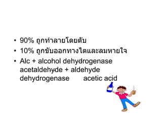 • 90% ถูกทาลายโดยตับ
• 10% ถูกขับออกทางไตและลมหายใจ
• Alc + alcohol dehydrogenase
acetaldehyde + aldehyde
dehydrogenase acetic acid
 