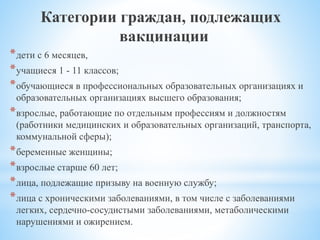 Категории граждан, подлежащих
вакцинации
*дети с 6 месяцев,
*учащиеся 1 - 11 классов;
*обучающиеся в профессиональных образовательных организациях и
образовательных организациях высшего образования;
*взрослые, работающие по отдельным профессиям и должностям
(работники медицинских и образовательных организаций, транспорта,
коммунальной сферы);
*беременные женщины;
*взрослые старше 60 лет;
*лица, подлежащие призыву на военную службу;
*лица с хроническими заболеваниями, в том числе с заболеваниями
легких, сердечно-сосудистыми заболеваниями, метаболическими
нарушениями и ожирением.
 