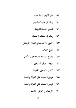 74
59
.
‫اء‬‫ز‬‫اج‬ ‫ستة‬ ‫االنوار‬ ‫عاَل‬
60
.
‫العر‬ ‫حديث‬ ‫يف‬ ‫رسالة‬
‫ض‬
61
.
‫الشريفة‬ ‫السنة‬ ‫ُمتصر‬
62
.
‫اَلديث‬ ‫متشابه‬ ‫يف‬ ‫رسالة‬
63
.
‫الوسائل‬ ‫البحار‬ ‫صحيحي‬ ‫بْي‬ ‫اجلمع‬
64
.
‫العرض‬ ‫منهج‬
65
.
‫الكايف‬ ‫احاديث‬ ‫من‬ ‫االسناد‬ ‫واضح‬
66
.
‫الشيخْي‬ ‫طرق‬ ‫درجات‬
67
.
‫اَلديثية‬ ‫املضامْي‬ ‫اكمال‬
68
.
‫والسنة‬ ‫ان‬‫ر‬‫الق‬ ‫على‬ ‫اَلديث‬ ‫عرض‬
69
.
‫والسنة‬ ‫ان‬‫ر‬‫الق‬ ‫على‬ ‫اَلديث‬ ‫عرض‬
70
.
‫اَلديث‬ ‫عرض‬ ‫يف‬ ‫االربعون‬
 