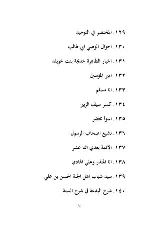 80
129
.
‫التوحيد‬ ‫يف‬ ‫املختصر‬
130
.
‫الوصي‬ ‫احوال‬
‫طالب‬ ‫ايب‬
131
.
‫خويلد‬ ‫بنت‬ ‫خدجية‬ ‫الطاهرة‬ ‫اخبار‬
132
.
‫املؤمنْي‬ ‫امري‬
133
.
‫مسلم‬ ‫اان‬
134
.
‫الزبري‬ ‫سيف‬ ‫كسر‬
135
.
‫حمضر‬ ‫اسوأ‬
136
.
‫الرسول‬ ‫اصحاب‬ ‫تشيع‬
137
.
‫عشر‬ ‫اثنا‬ ‫بعدي‬ ‫االئمة‬
138
.
‫اهلادي‬ ‫وعلي‬ ‫املنذر‬ ‫اان‬
139
.
‫علي‬ ‫بن‬ ‫اَلسن‬ ‫اجلنة‬ ‫اهل‬ ‫شباب‬ ‫سيد‬
140
.
‫السنة‬ ‫شرح‬ ‫يف‬ ‫البدعة‬ ‫شرح‬
 