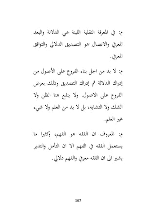 167
‫البعد‬‫و‬ ‫الداللة‬ ‫هي‬ ‫اللبنة‬ ‫النقلية‬ ‫املعرفة‬ ‫يف‬ :‫م‬
‫افق‬‫و‬‫الت‬‫و‬ ‫الداليل‬ ‫التصديق‬ ‫هو‬ ‫االتصال‬‫و‬ ‫املعريف‬
.‫املعريف‬
‫من‬ ‫األصول‬ ‫على‬ ‫الفروع‬ ‫بناء‬ ‫اجل‬ ‫من‬ ‫بد‬ ‫ال‬ :‫م‬
‫بعرض‬ ‫وذلك‬ ‫التصديق‬ ‫اك‬‫ر‬‫إد‬ ‫مث‬ ‫الداللة‬ ‫اك‬‫ر‬‫إد‬
‫وال‬ ‫الظن‬ ‫هنا‬ ‫ينفع‬ ‫وال‬ .‫االصول‬ ‫على‬ ‫الفروع‬
‫من‬ ‫بد‬ ‫ال‬ ‫بل‬ ،‫التشابه‬ ‫وال‬ ‫الشك‬
‫شيء‬ ‫وال‬ ‫العلم‬
.‫العلم‬ ‫غي‬
‫ما‬ ‫ا‬‫ي‬‫كث‬
‫و‬ ،‫الفهم‬ ‫هو‬ ‫الفقه‬ ‫ان‬ ‫املعروف‬ :‫م‬
‫التدبر‬‫و‬ ‫التأمل‬ ‫ان‬ ‫اال‬ ‫الفهم‬ ‫يف‬ ‫الفقه‬ ‫يستعمل‬
.‫داليل‬ ‫الفهم‬‫و‬ ‫معريف‬ ‫الفقه‬ ‫ان‬ ‫ال‬ ‫يشي‬
 