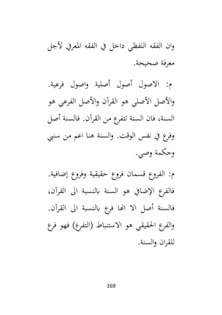 169
‫ألجل‬ ‫املعريف‬ ‫الفقه‬ ‫يف‬ ‫داخل‬ ‫اللفظي‬ ‫الفقه‬ ‫ان‬‫و‬
.‫صحيحة‬ ‫معرفة‬
.‫فرعية‬ ‫اصول‬‫و‬ ‫أصلية‬ ‫أصول‬ ‫االصول‬ :‫م‬
‫ا‬ ‫األصل‬‫و‬
‫هو‬ ‫الفرعي‬ ‫األصل‬‫و‬ ‫القرآن‬ ‫هو‬ ‫ألصلي‬
‫أصل‬ ‫فالسنة‬ .‫القرآن‬ ‫من‬ ‫ع‬
‫تتفر‬ ‫السنة‬ ‫فان‬ ،‫السنة‬
.‫الوقت‬ ‫نفس‬ ‫يف‬ ‫ع‬
‫وفر‬
‫سنيب‬ ‫من‬ ‫اعم‬ ‫هنا‬ ‫السنة‬‫و‬
.‫وصي‬ ‫وحكمة‬
.‫إضافية‬ ‫وفروع‬ ‫حقيقية‬ ‫فروع‬ ‫قسمان‬ ‫الفروع‬ :‫م‬
،‫القرآن‬ ‫ال‬ ‫ابلنسبة‬ ‫السنة‬ ‫هو‬ ‫اإلضايف‬ ‫ع‬
‫فالفر‬
‫الق‬ ‫ال‬ ‫ابلنسبة‬ ‫ع‬
‫فر‬ ‫اهنا‬ ‫اال‬ ‫أصل‬ ‫فالسنة‬
.‫رآن‬
‫ع‬
‫فر‬ ‫فهو‬ )‫ع‬
‫(التفر‬ ‫االستنباط‬ ‫هو‬ ‫احلقيقي‬ ‫ع‬
‫الفر‬‫و‬
.‫السنة‬‫و‬ ‫ان‬‫ر‬‫للق‬
 