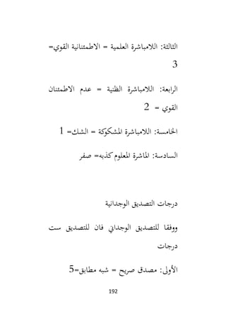 192
= ‫العلمية‬ ‫الالمباشرة‬ :‫الثالثة‬
=‫القوي‬ ‫االطمئنانية‬
3
‫االطمئنان‬ ‫عدم‬ = ‫الظنية‬ ‫الالمباشرة‬ :‫ابعة‬‫ر‬‫ال‬
= ‫القوي‬
2
=‫الشك‬ = ‫كة‬
‫املشكو‬ ‫الالمباشرة‬ :‫اخلامسة‬
1
‫صفر‬ =‫كذبه‬‫املعلوم‬ ‫املاشرة‬ :‫السادسة‬
‫الوجدانية‬ ‫التصديق‬ ‫درجات‬
‫ست‬ ‫للتصديق‬ ‫فان‬ ‫الوجداين‬ ‫للتصديق‬ ‫ووفقا‬
‫درجات‬
‫شبه‬ = ‫يح‬‫ر‬‫ص‬ ‫مصدق‬ :‫األول‬
=‫مطابق‬
5
 