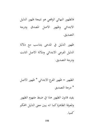 198
‫ظهور‬ ‫نتيجة‬ ‫هو‬ ‫اقعي‬‫و‬‫ال‬ ‫النهائي‬ ‫فالظهور‬
‫الدليل‬
‫االبتدائي‬
‫ودرجة‬ ‫املصدق‬ ‫االصل‬ ‫وظهور‬
.‫التصديق‬
‫داللة‬ ‫مع‬ ‫يتناسب‬ ‫املدعى‬ ‫يف‬ ‫الدليل‬ ‫ظهور‬
‫الفرعي‬ ‫الدليل‬
‫االبتدائي‬
‫الثابت‬ ‫االصل‬ ‫وداللة‬
.‫التصديق‬ ‫ودرجة‬
‫ع‬
‫الفر‬ ‫ظهور‬ = ‫الظهور‬
‫االبتدائي‬
*
‫االصل‬ ‫ظهور‬
‫التصديق‬ ‫درجة‬ *
‫الظهور‬ ‫مفهوم‬ ‫ضبط‬ ‫يف‬ ‫هذا‬ ‫الظهور‬ ‫قانون‬ ‫يفيد‬
‫معىن‬ ‫يبني‬ ‫انه‬ ‫كما‬‫الظاهرة‬ ‫املعرفة‬‫و‬
‫الدليل‬
‫احملكم‬
.‫كميا‬
 
